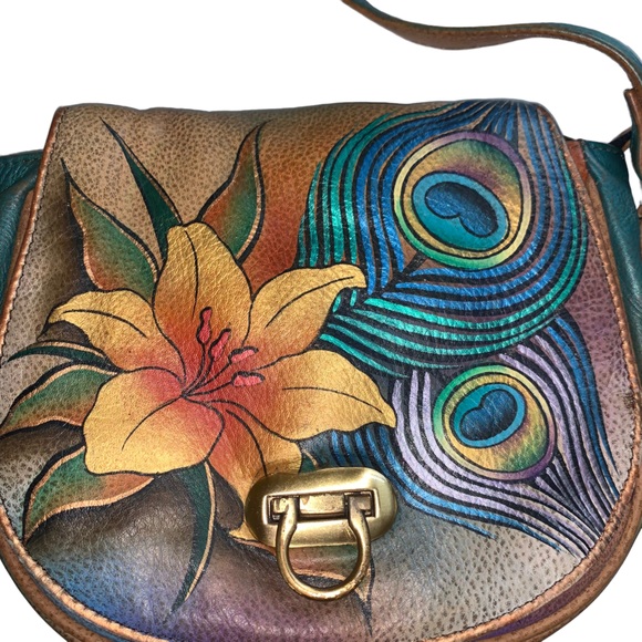 Anuschka Hand Painted Crossbody Saddle Bag Peacock Lily Purse - Picture 9 of 12